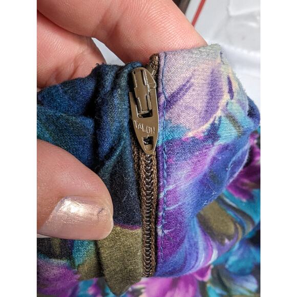 Vtg 1980s Green Purple Floral Felt Drop Waist Ruffle Long Sleeve Midi Dress 10 - Picture 4 of 4